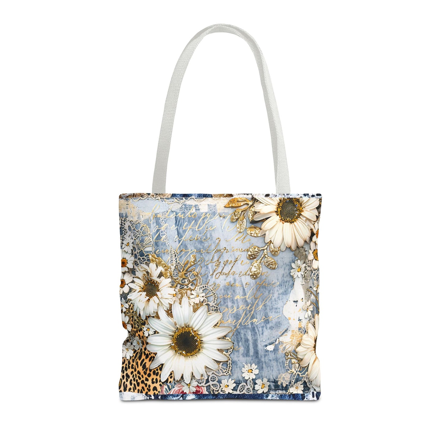 Chic Floral (Daisies and Sunflowers) Tote Bag with Leopard, Denim, and Lace Print - Stylish Everyday Accessory