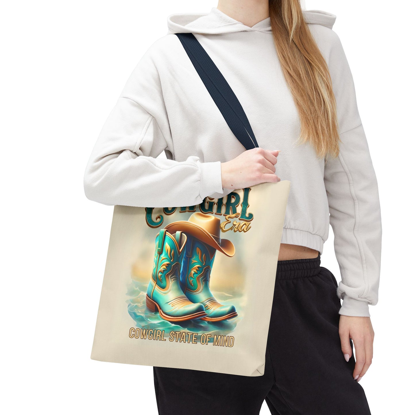 Cowgirl State of Mind Tote Bag – Turquoise and brown cowgirl boots - Cowgirl Era Perfect for Western Lovers and Everyday Use