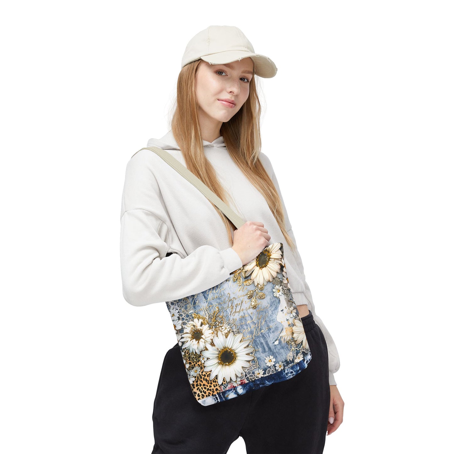 Chic Floral (Daisies and Sunflowers) Tote Bag with Leopard, Denim, and Lace Print - Stylish Everyday Accessory