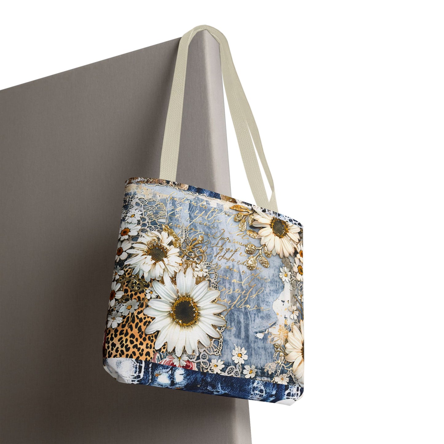 Chic Floral (Daisies and Sunflowers) Tote Bag with Leopard, Denim, and Lace Print - Stylish Everyday Accessory