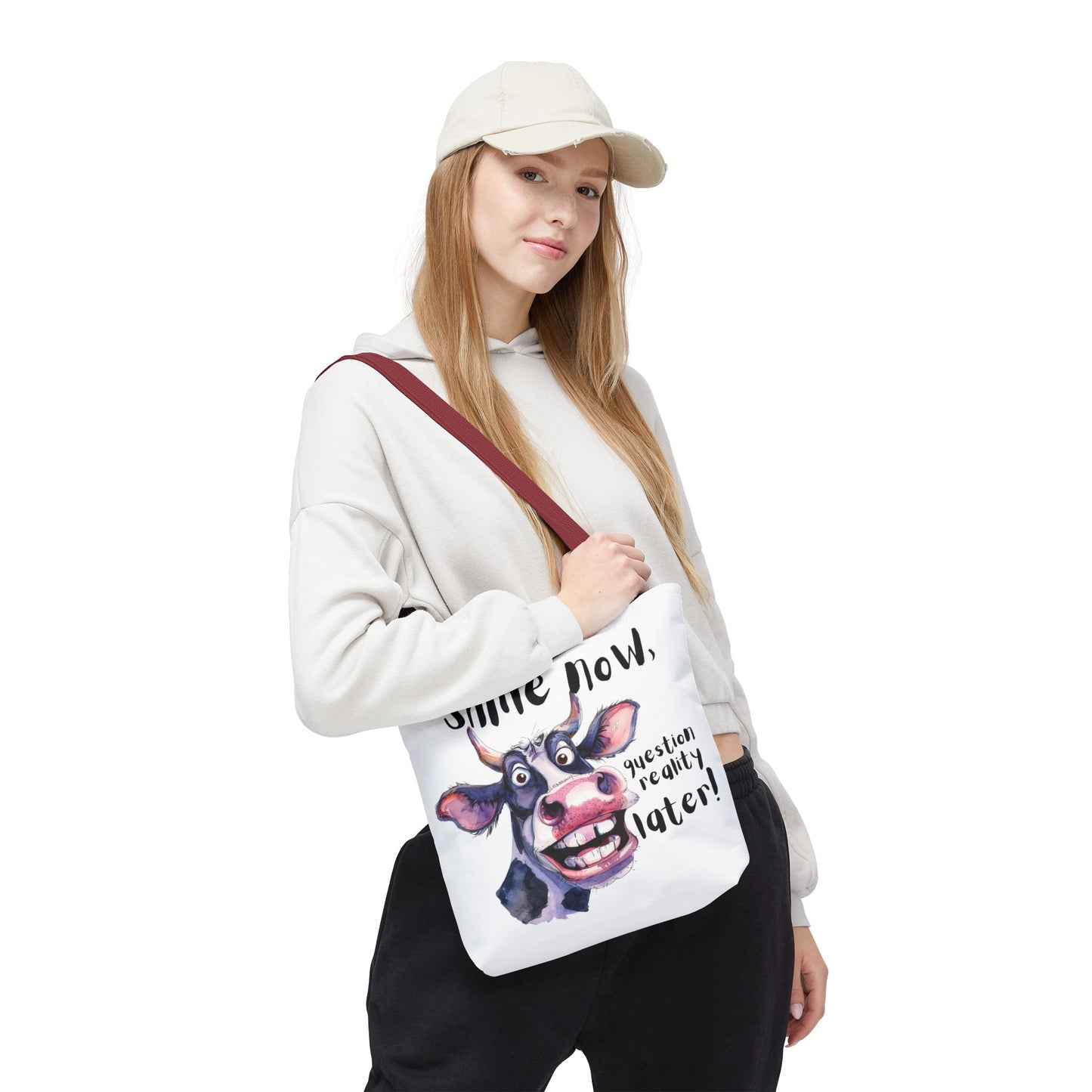 Funny Cow Tote Bag - 'Smile Now, Question Reality Later!' - Great Gift Idea, Mother's Day Gift