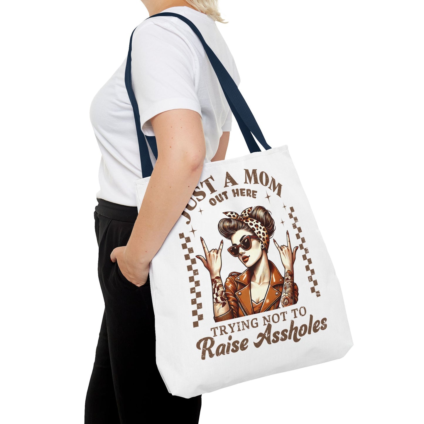 Funny Mom Tote Bag - Just a Mom Trying Not to Raise Assholes - Mother's Day Gift