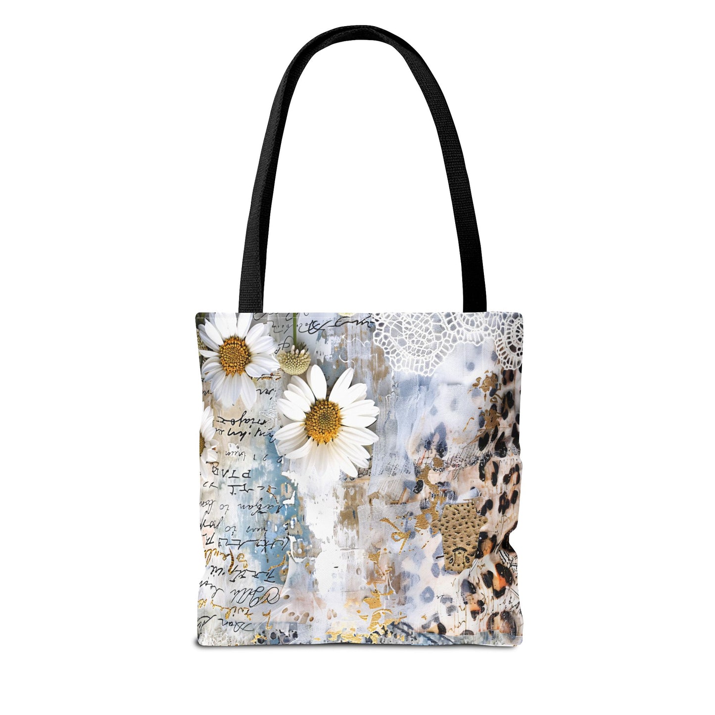 Chic Floral (Daisies and Sunflowers) Tote Bag with Leopard, Denim, and Lace Print - Stylish Everyday Accessory