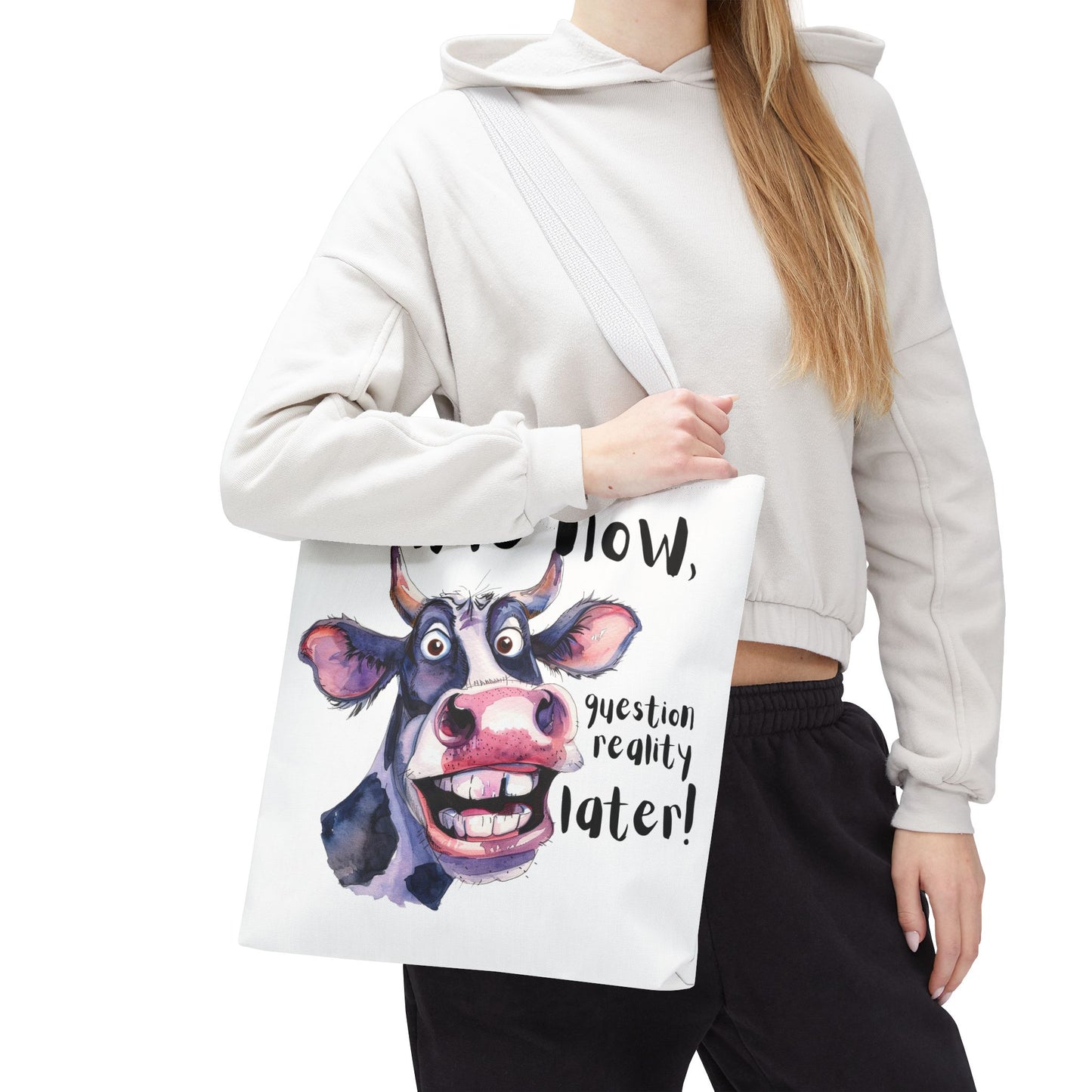 Funny Cow Tote Bag - 'Smile Now, Question Reality Later!' - Great Gift Idea, Mother's Day Gift