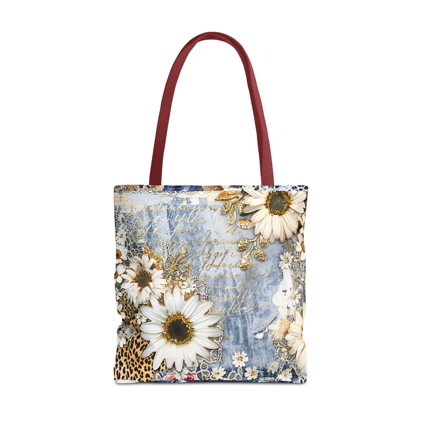 Chic Floral (Daisies and Sunflowers) Tote Bag with Leopard, Denim, and Lace Print - Stylish Everyday Accessory
