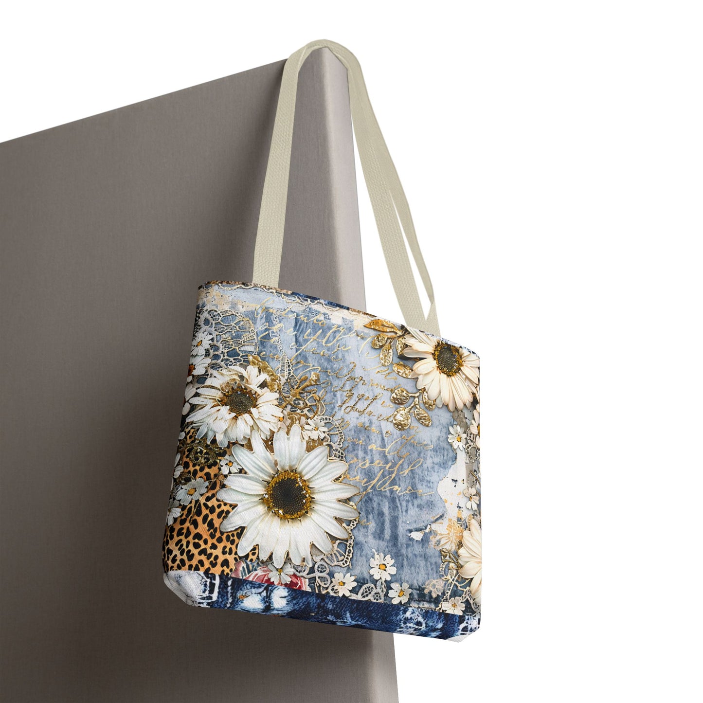 Chic Floral (Daisies and Sunflowers) Tote Bag with Leopard, Denim, and Lace Print - Stylish Everyday Accessory