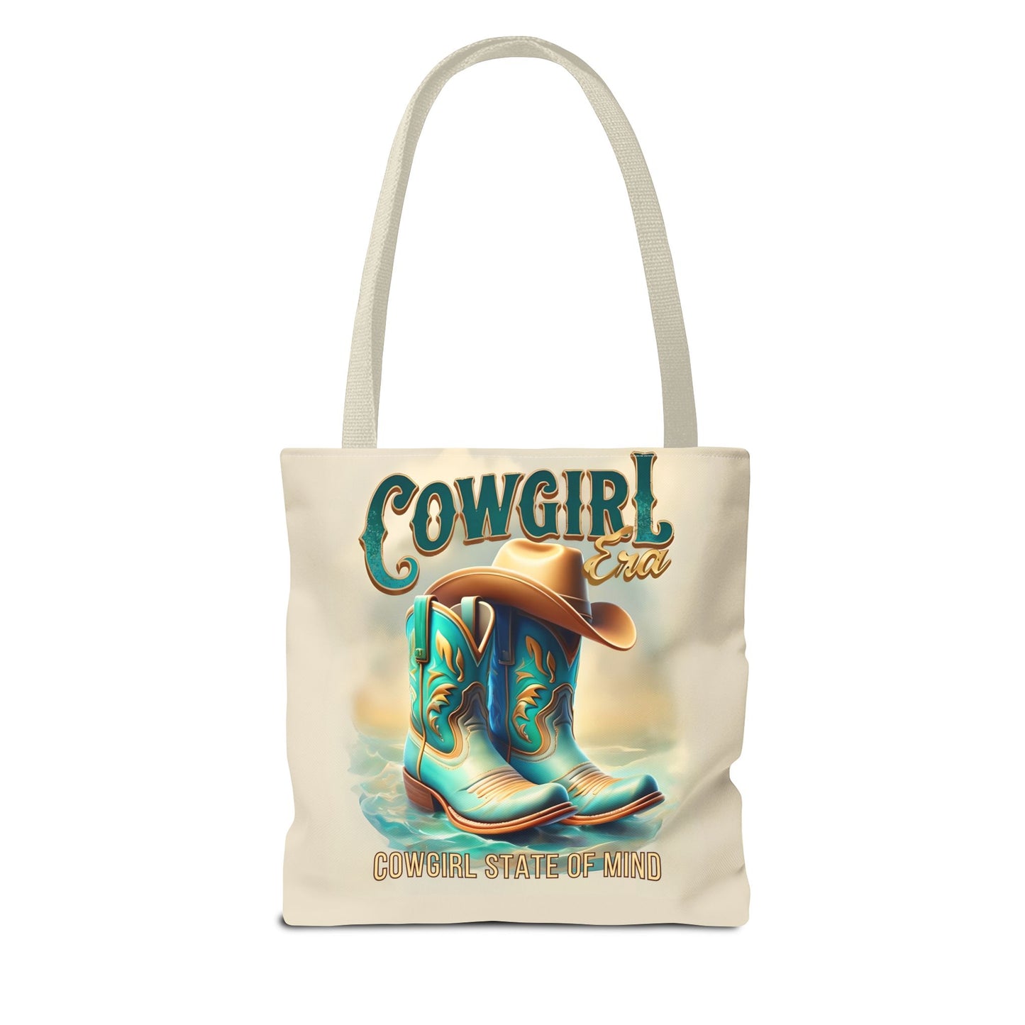 Cowgirl State of Mind Tote Bag – Turquoise and brown cowgirl boots - Cowgirl Era Perfect for Western Lovers and Everyday Use