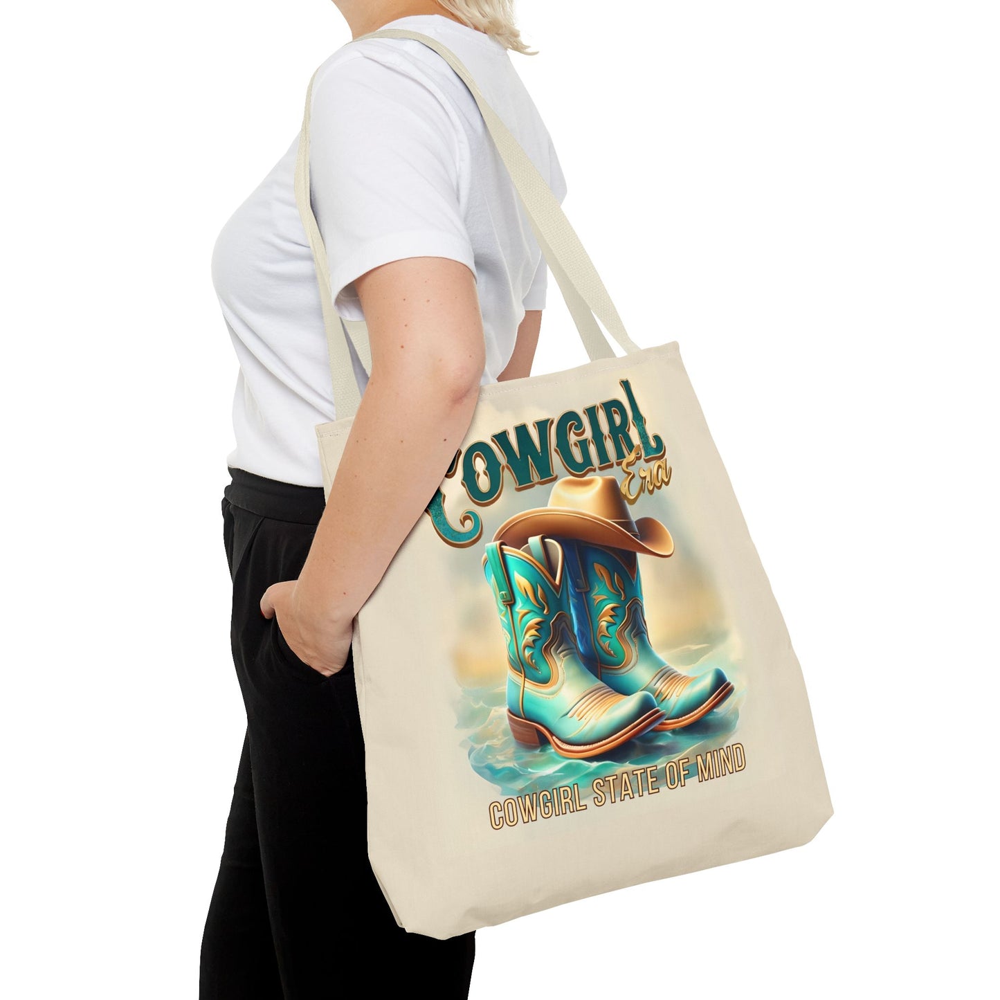 Cowgirl State of Mind Tote Bag – Turquoise and brown cowgirl boots - Cowgirl Era Perfect for Western Lovers and Everyday Use