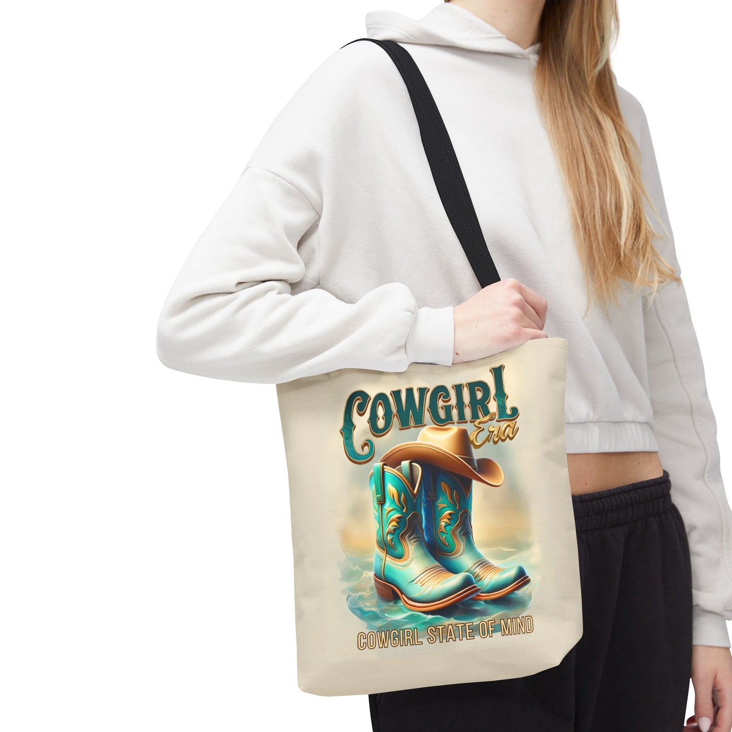 Cowgirl State of Mind Tote Bag – Turquoise and brown cowgirl boots - Cowgirl Era Perfect for Western Lovers and Everyday Use
