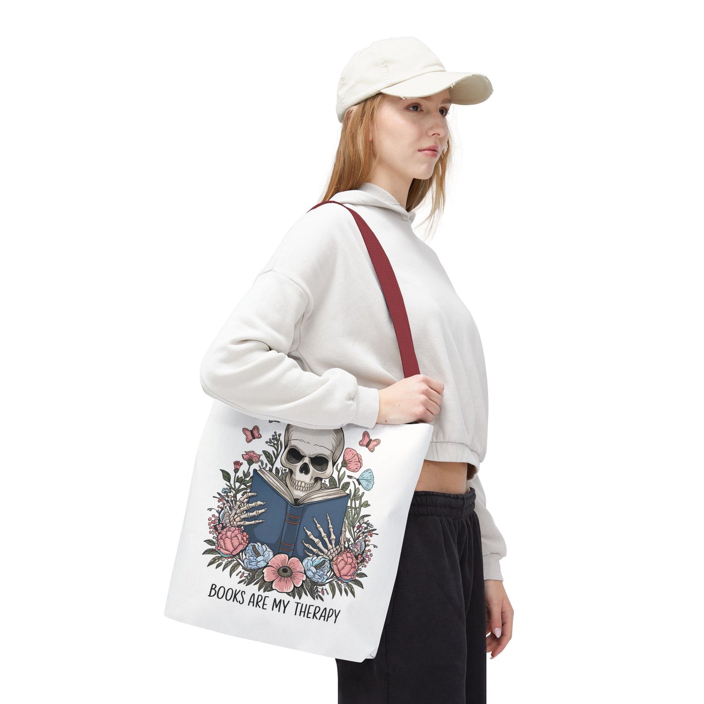 Books Are My Therapy- Skeleton Floral Tote Bag - Perfect Gift for Book Lovers