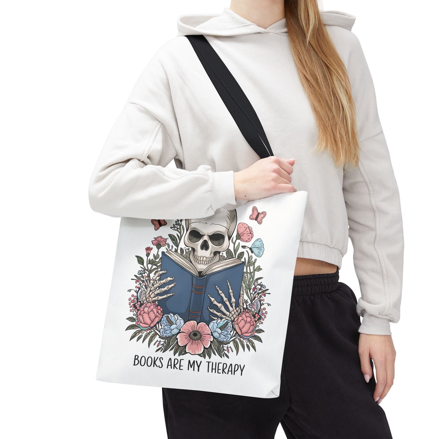 Books Are My Therapy- Skeleton Floral Tote Bag - Perfect Gift for Book Lovers