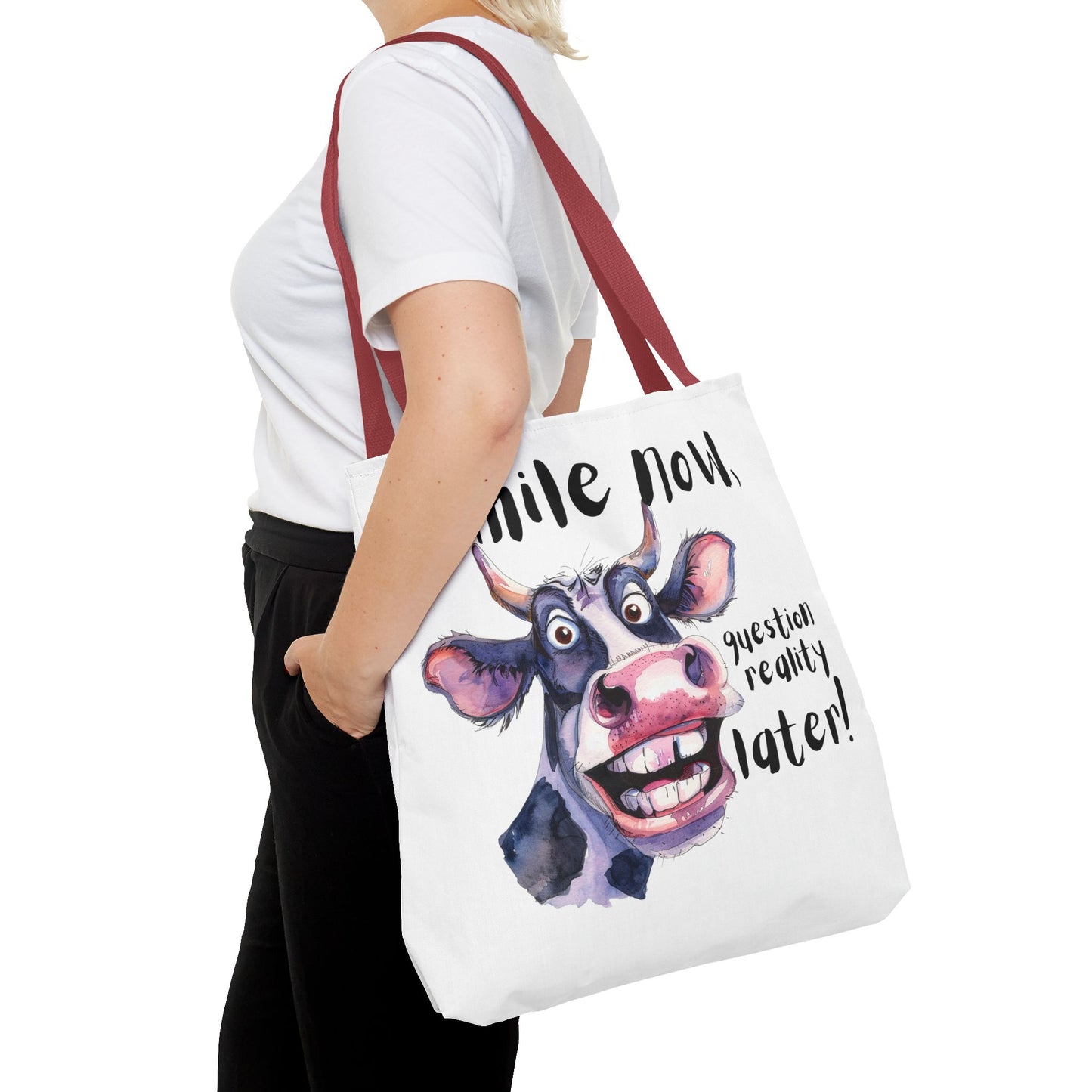 Funny Cow Tote Bag - 'Smile Now, Question Reality Later!' - Great Gift Idea, Mother's Day Gift