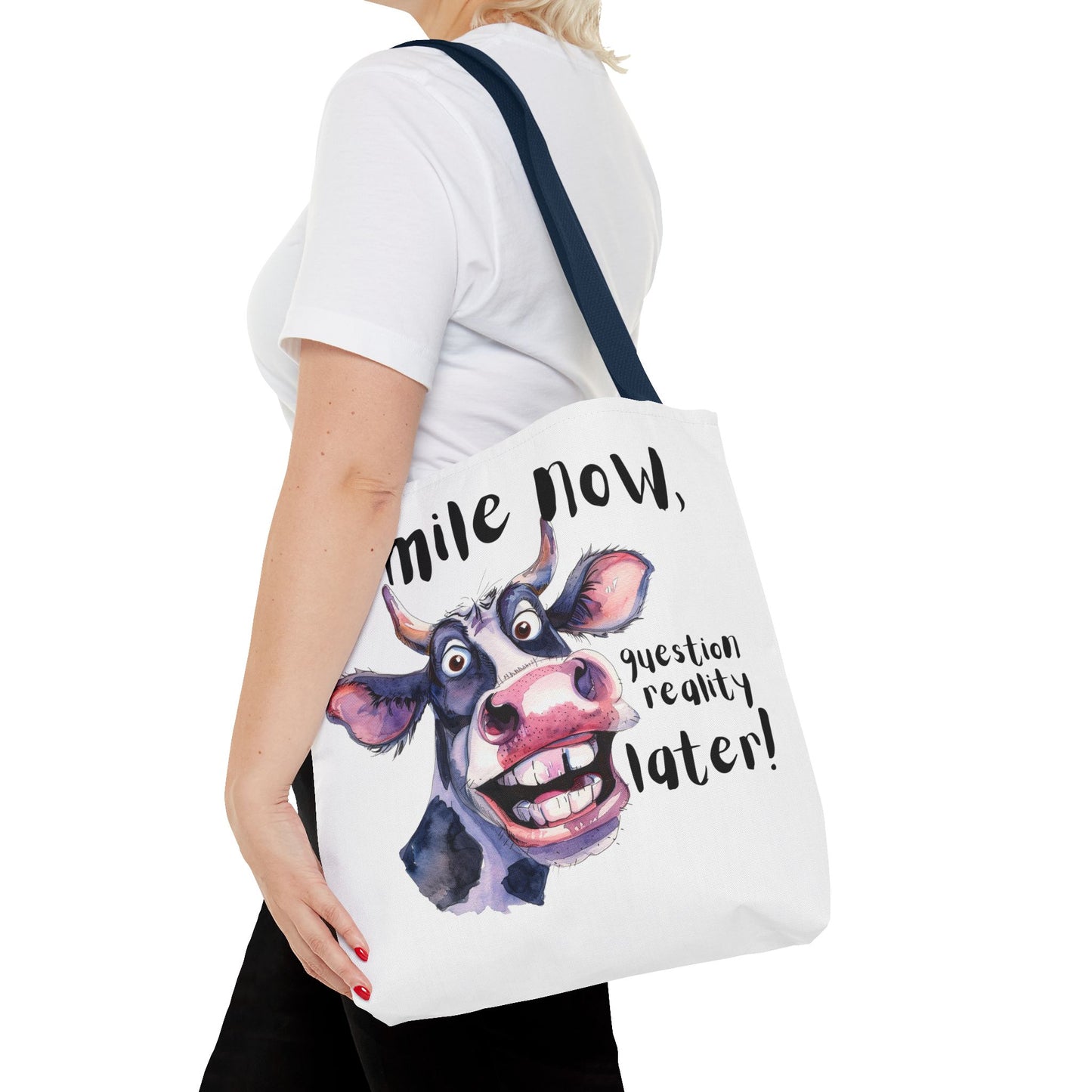 Funny Cow Tote Bag - 'Smile Now, Question Reality Later!' - Great Gift Idea, Mother's Day Gift