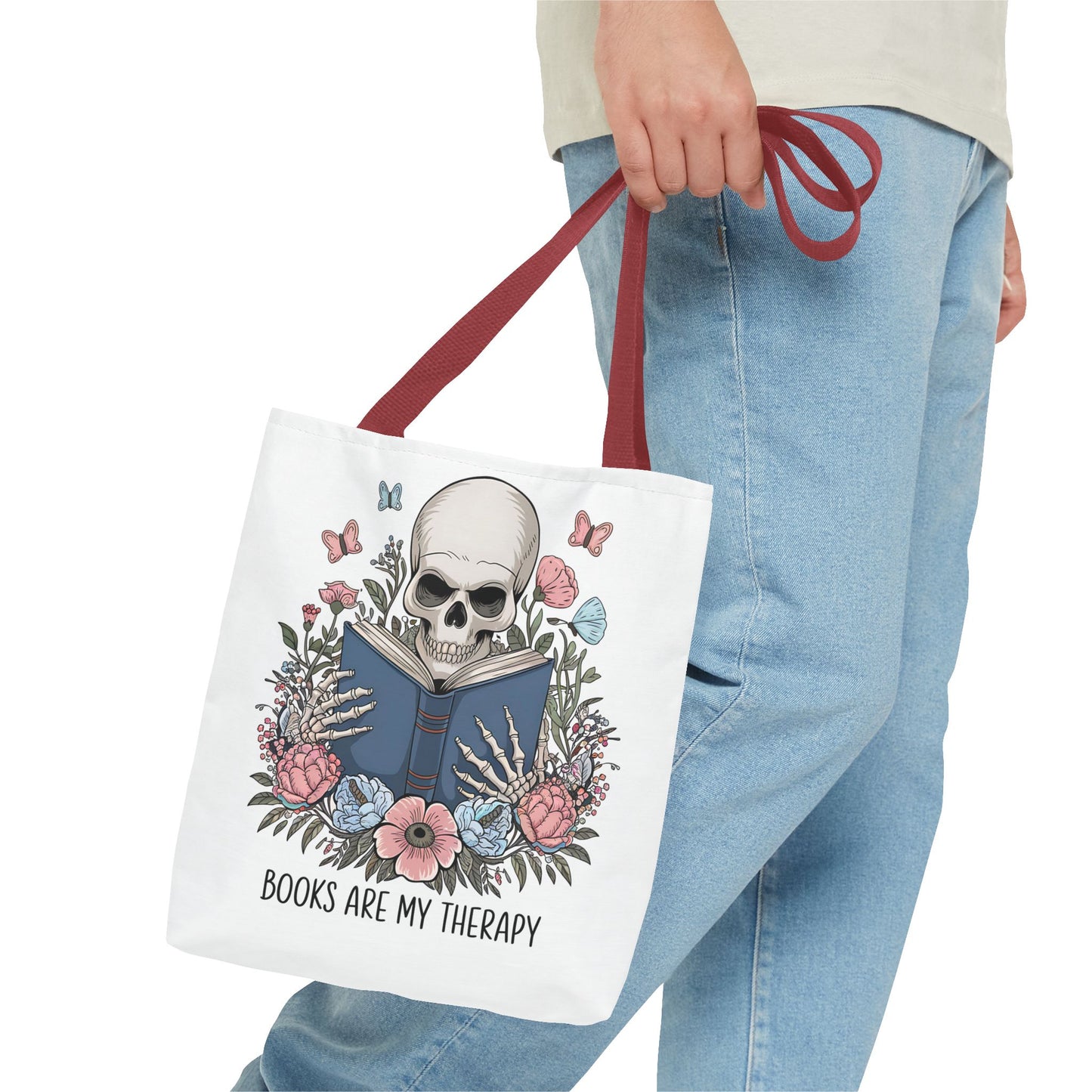 Books Are My Therapy- Skeleton Floral Tote Bag - Perfect Gift for Book Lovers
