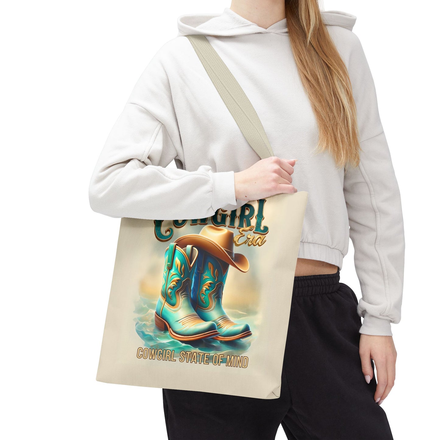 Cowgirl State of Mind Tote Bag – Turquoise and brown cowgirl boots - Cowgirl Era Perfect for Western Lovers and Everyday Use