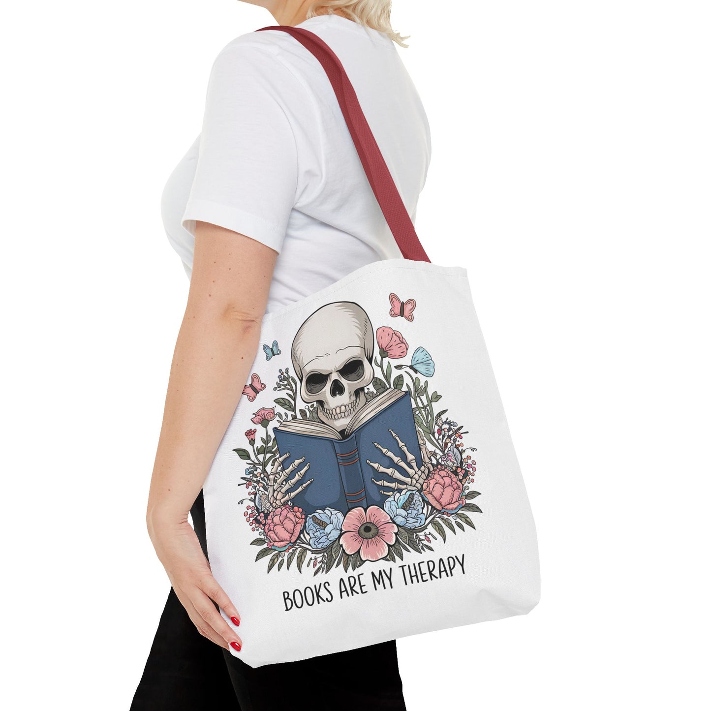 Books Are My Therapy- Skeleton Floral Tote Bag - Perfect Gift for Book Lovers