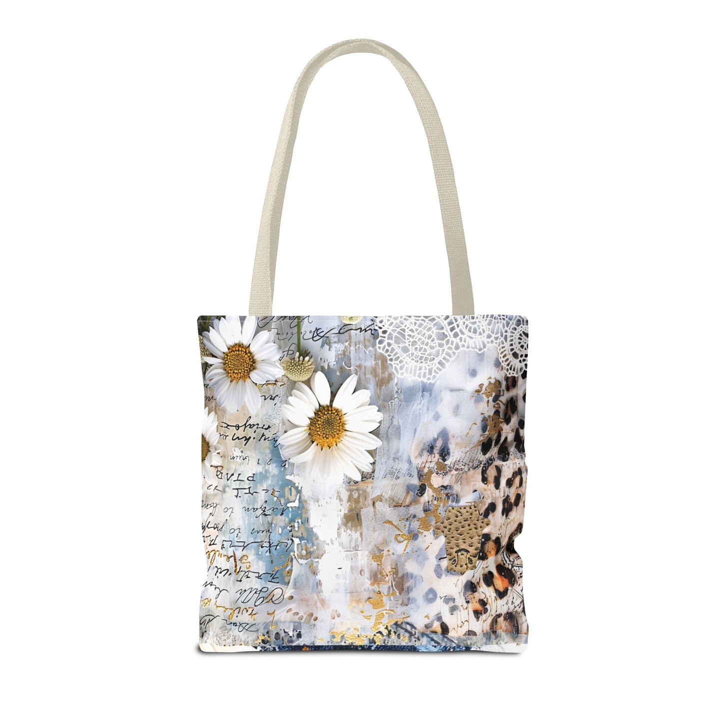 Chic Floral (Daisies and Sunflowers) Tote Bag with Leopard, Denim, and Lace Print - Stylish Everyday Accessory