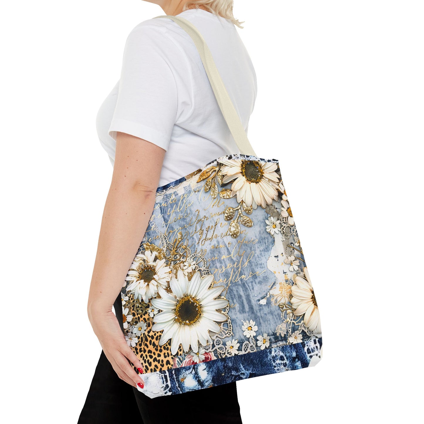 Chic Floral (Daisies and Sunflowers) Tote Bag with Leopard, Denim, and Lace Print - Stylish Everyday Accessory