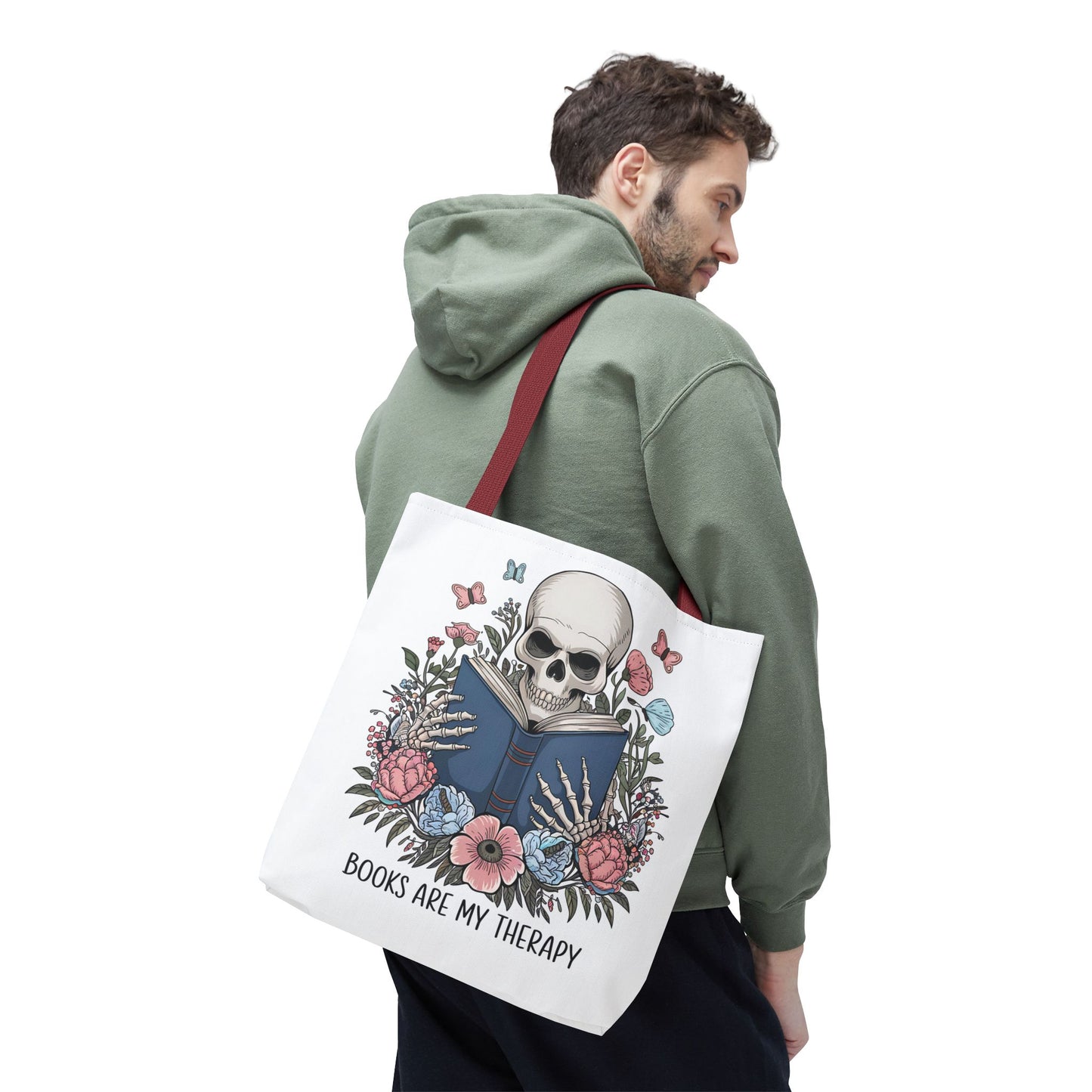 Books Are My Therapy- Skeleton Floral Tote Bag - Perfect Gift for Book Lovers