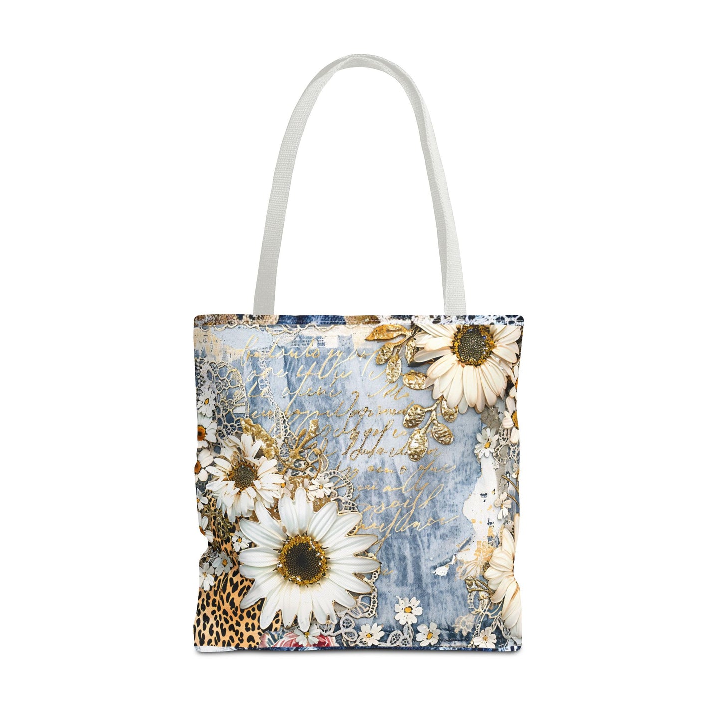 Chic Floral (Daisies and Sunflowers) Tote Bag with Leopard, Denim, and Lace Print - Stylish Everyday Accessory