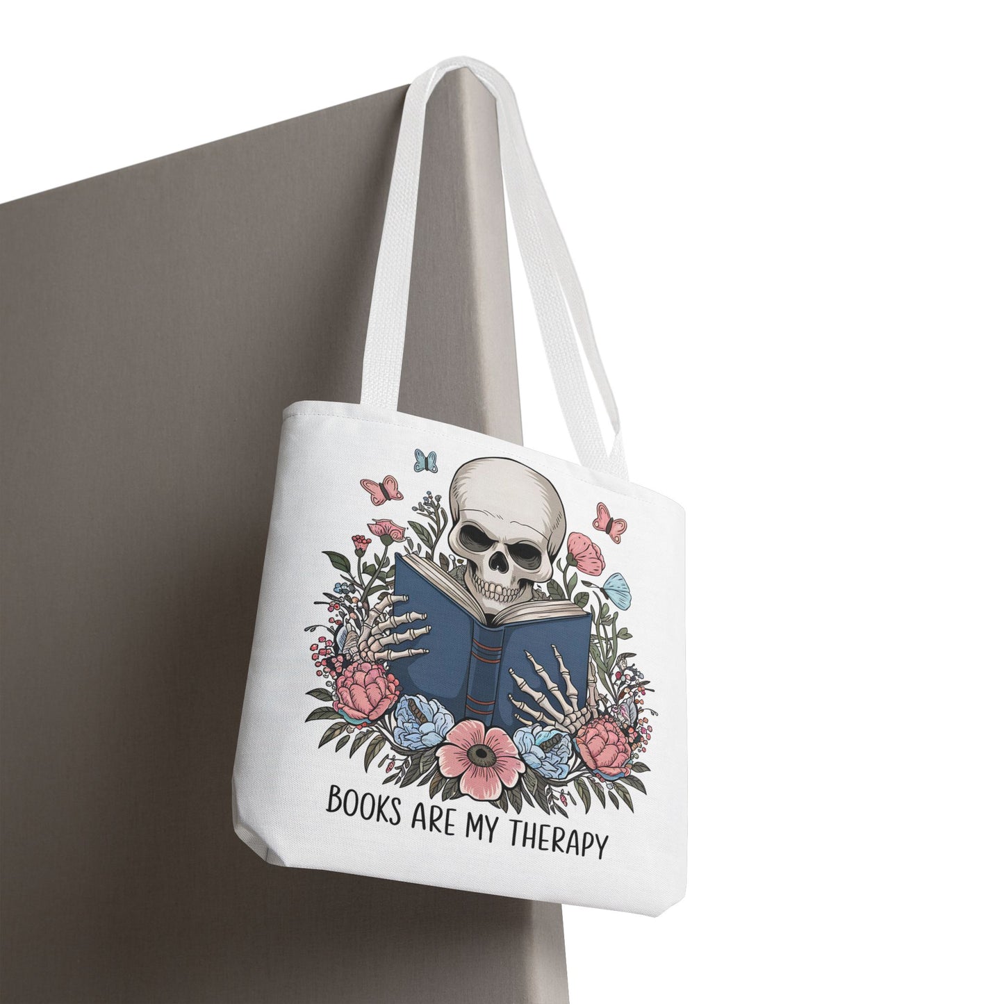 Books Are My Therapy- Skeleton Floral Tote Bag - Perfect Gift for Book Lovers