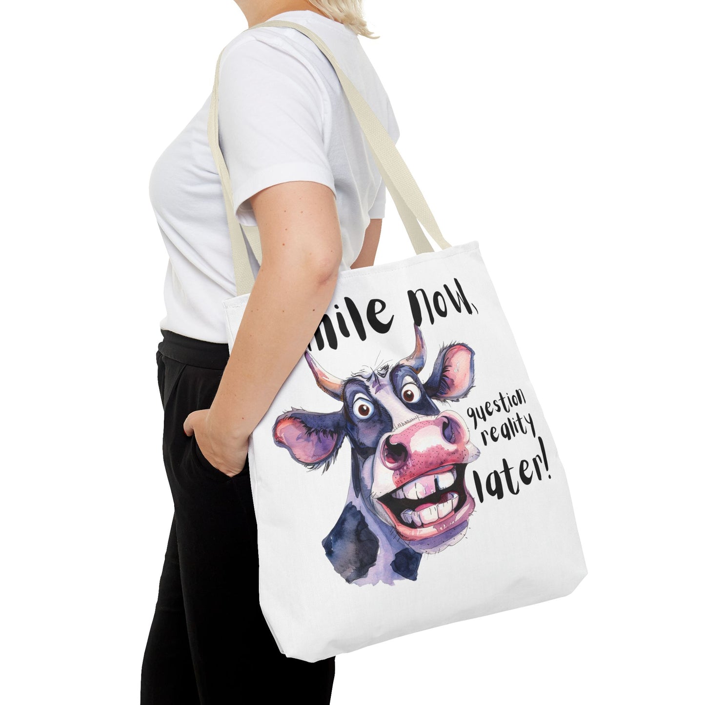 Funny Cow Tote Bag - 'Smile Now, Question Reality Later!' - Great Gift Idea, Mother's Day Gift