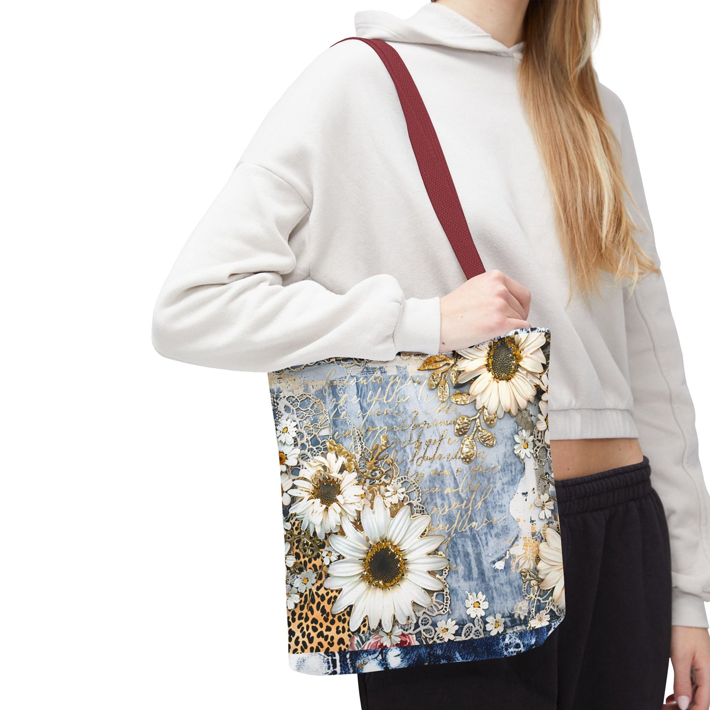 Chic Floral (Daisies and Sunflowers) Tote Bag with Leopard, Denim, and Lace Print - Stylish Everyday Accessory