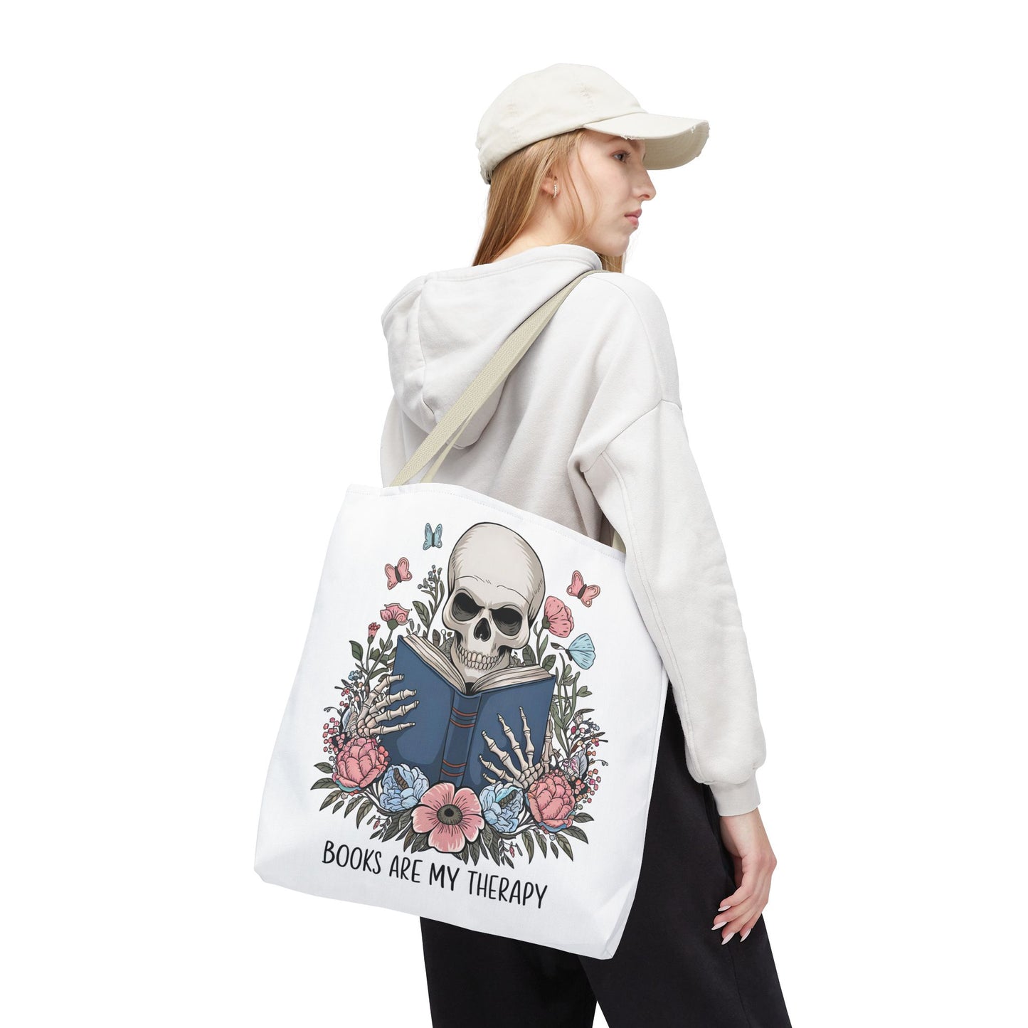 Books Are My Therapy- Skeleton Floral Tote Bag - Perfect Gift for Book Lovers