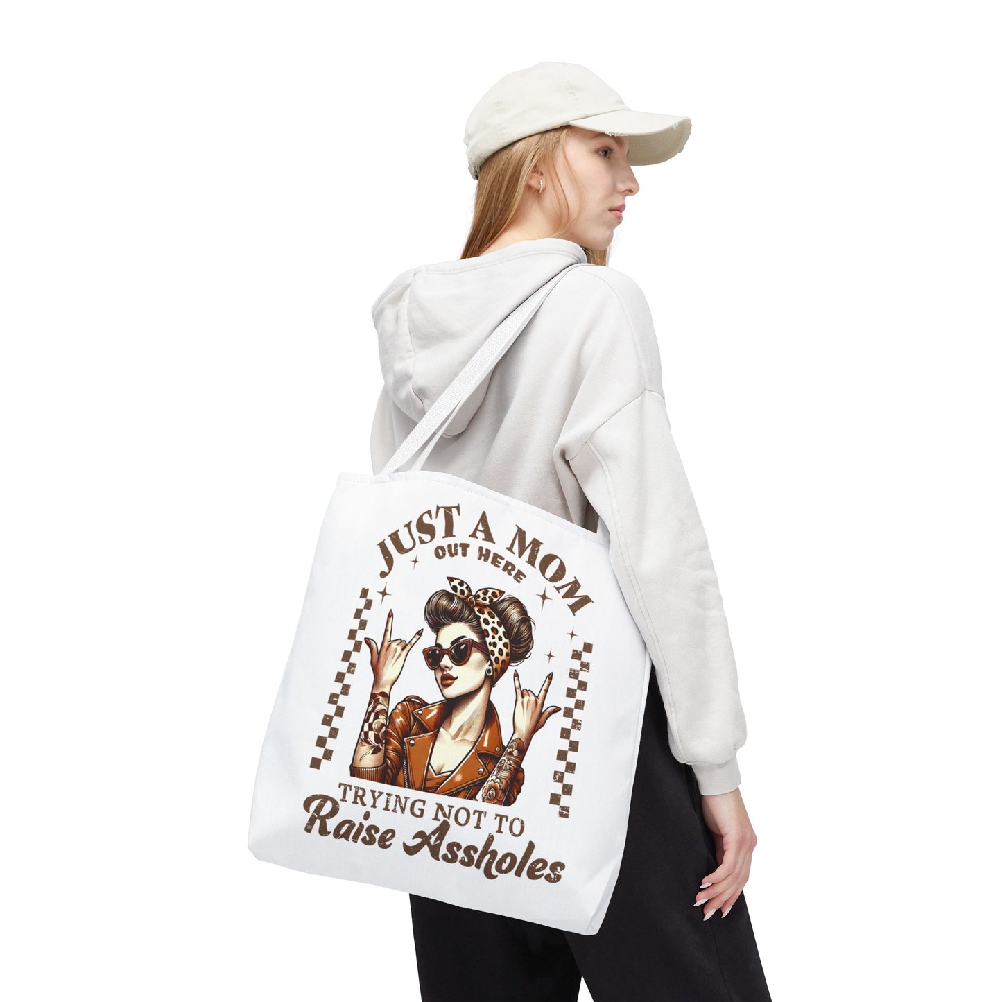 Funny Mom Tote Bag - Just a Mom Trying Not to Raise Assholes - Mother's Day Gift