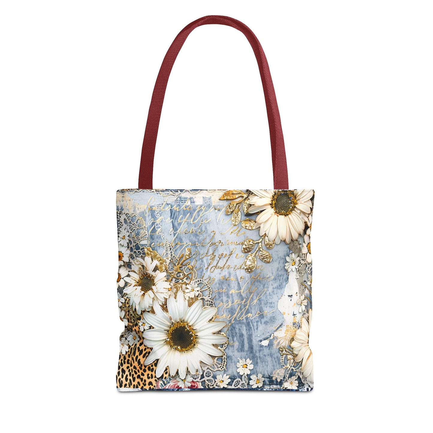 Chic Floral (Daisies and Sunflowers) Tote Bag with Leopard, Denim, and Lace Print - Stylish Everyday Accessory