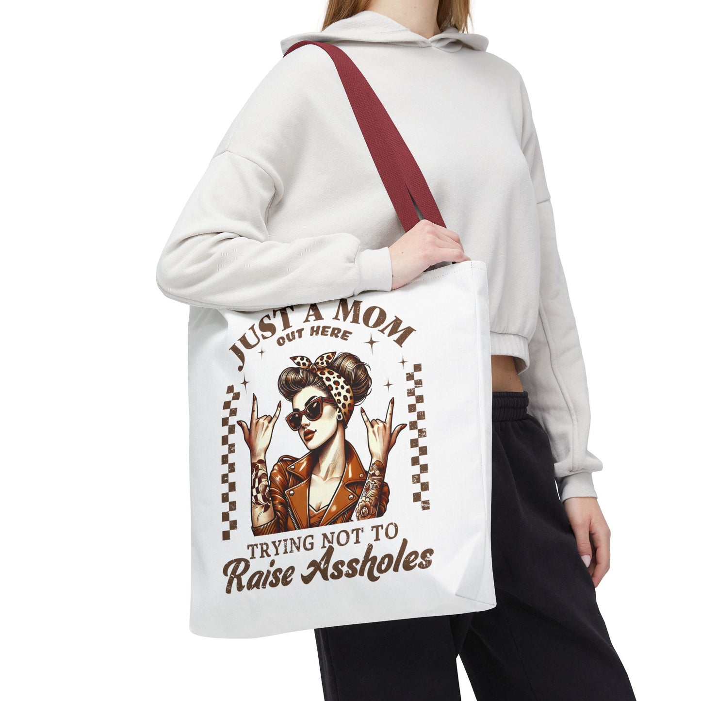 Funny Mom Tote Bag - Just a Mom Trying Not to Raise Assholes - Mother's Day Gift