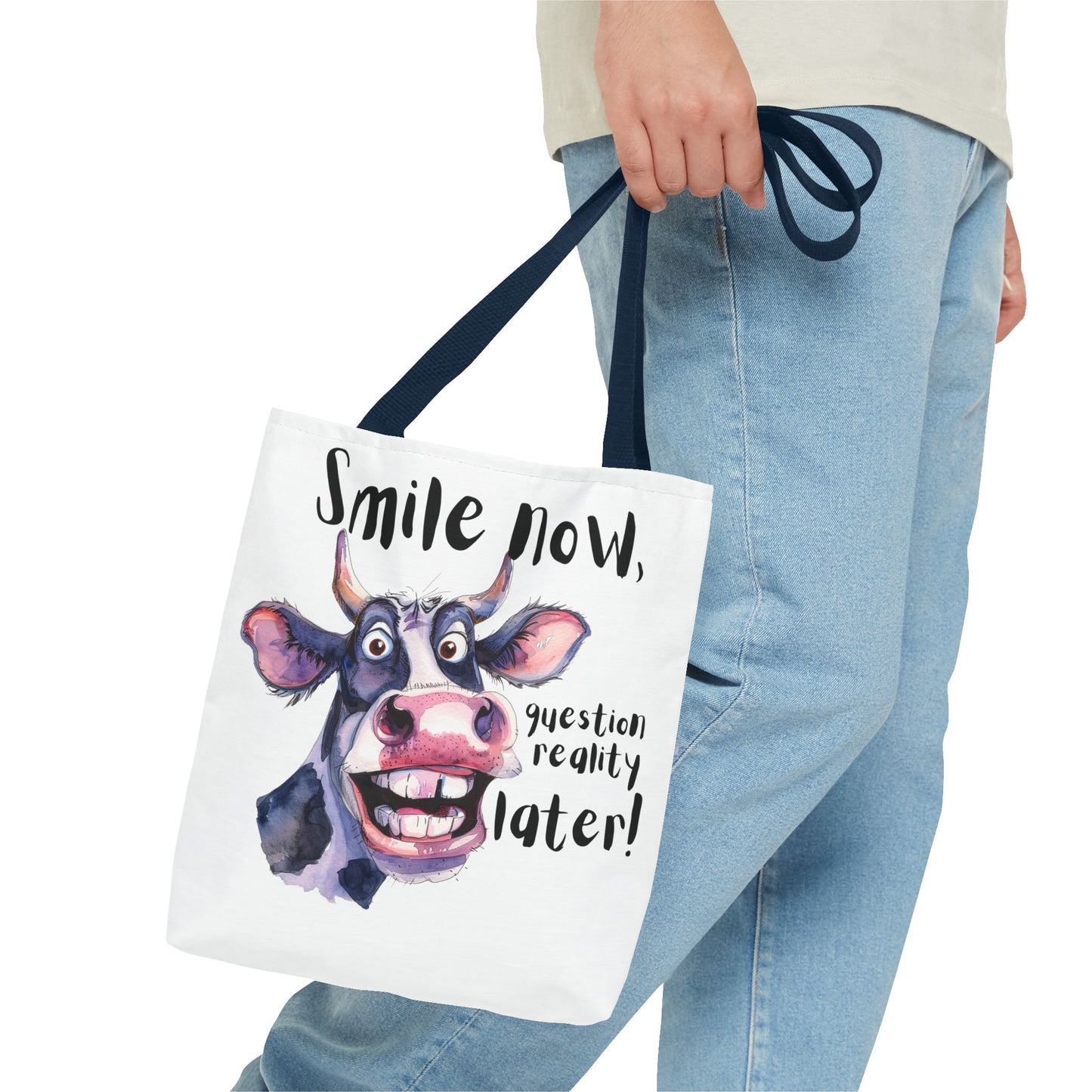 Funny Cow Tote Bag - 'Smile Now, Question Reality Later!' - Great Gift Idea, Mother's Day Gift