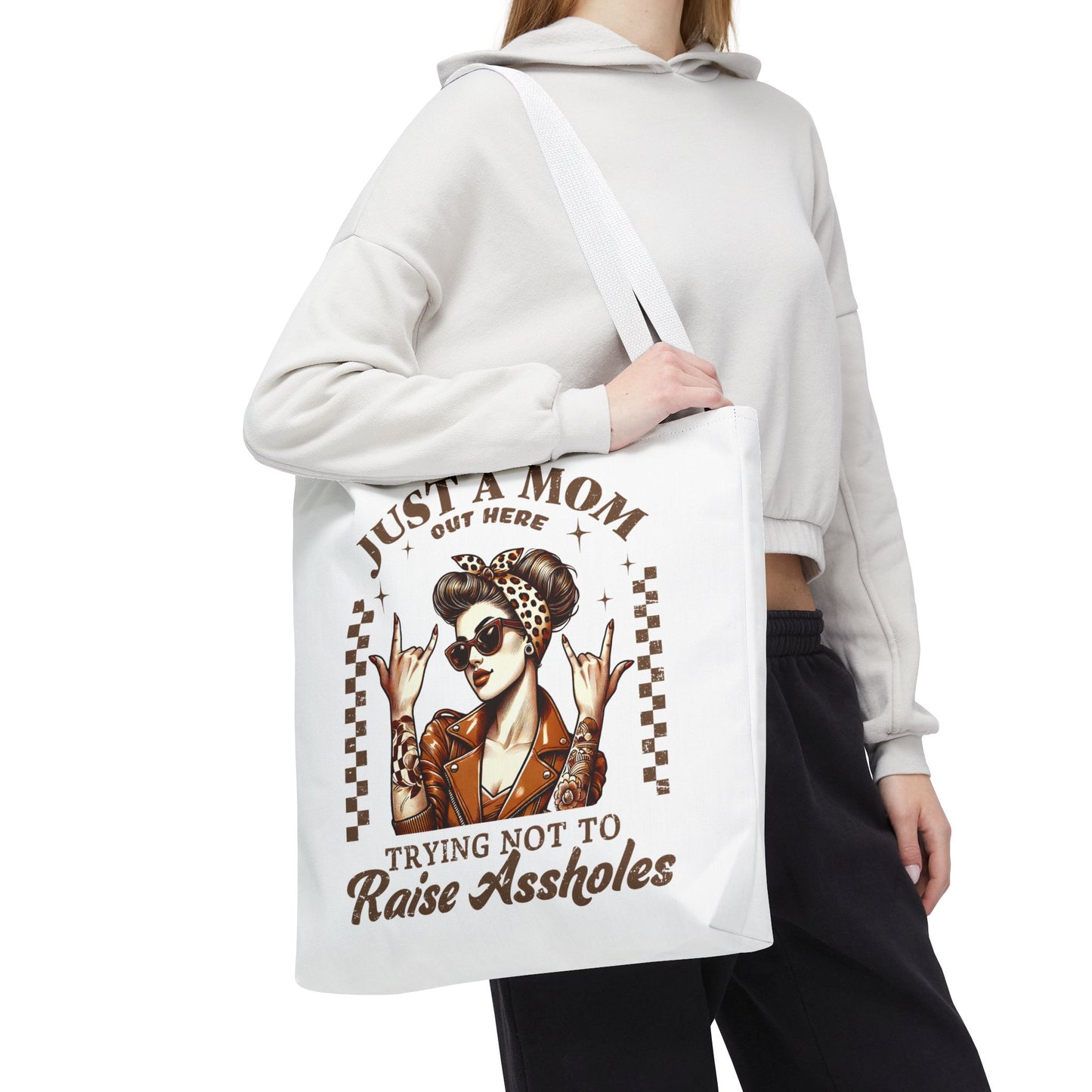 Funny Mom Tote Bag - Just a Mom Trying Not to Raise Assholes - Mother's Day Gift