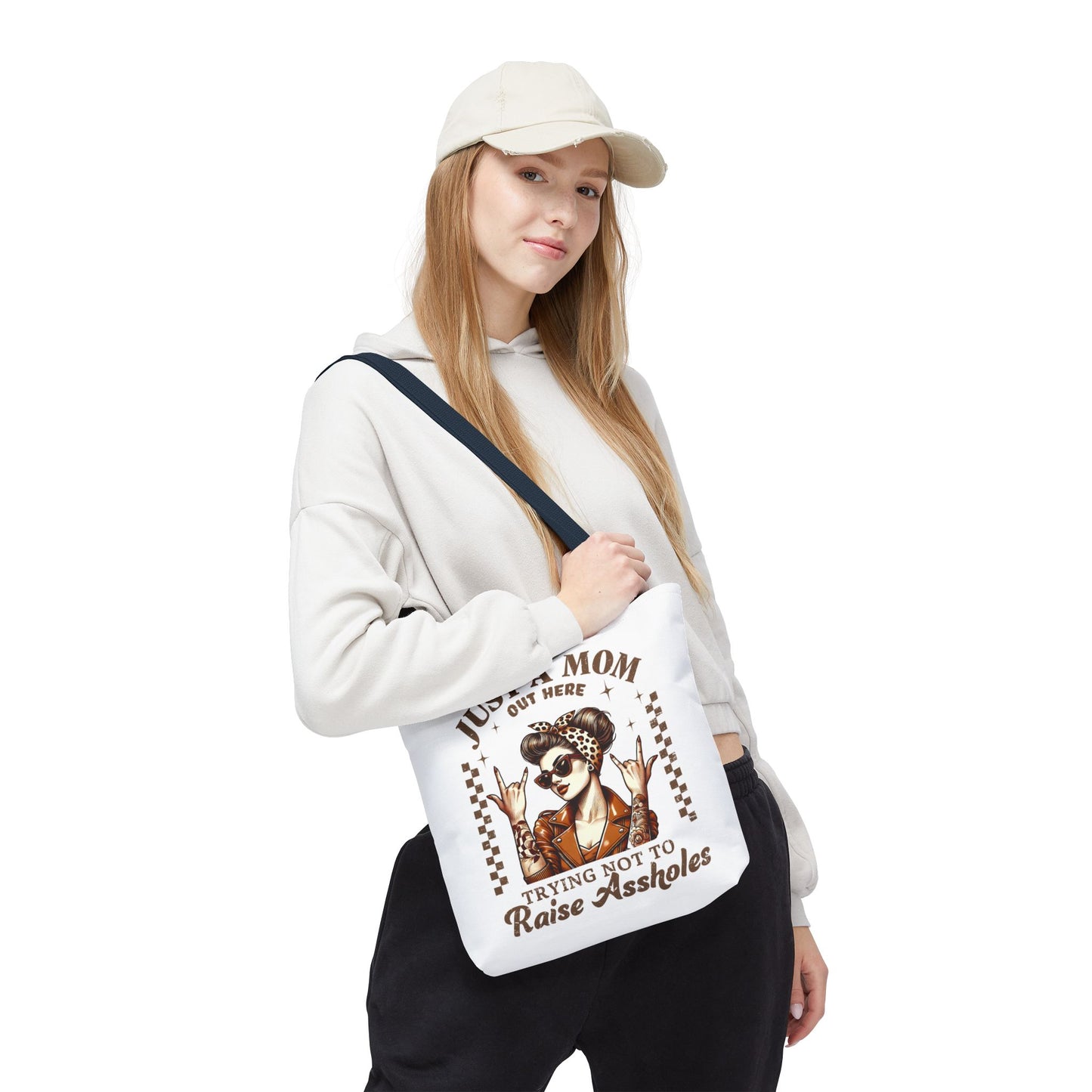 Funny Mom Tote Bag - Just a Mom Trying Not to Raise Assholes - Mother's Day Gift