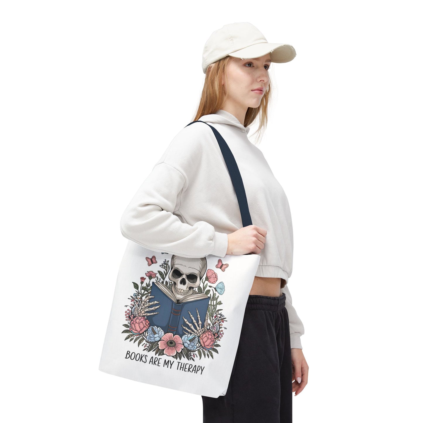 Books Are My Therapy- Skeleton Floral Tote Bag - Perfect Gift for Book Lovers