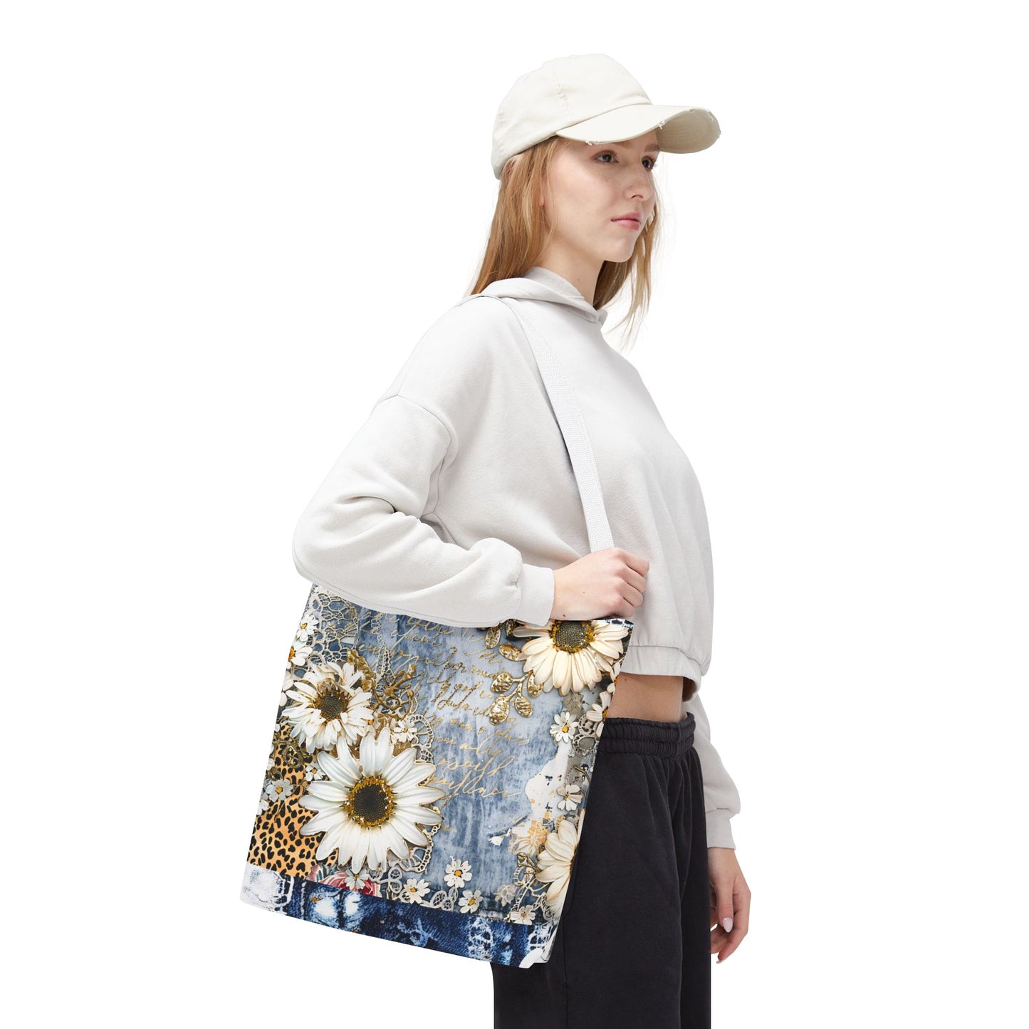 Chic Floral (Daisies and Sunflowers) Tote Bag with Leopard, Denim, and Lace Print - Stylish Everyday Accessory
