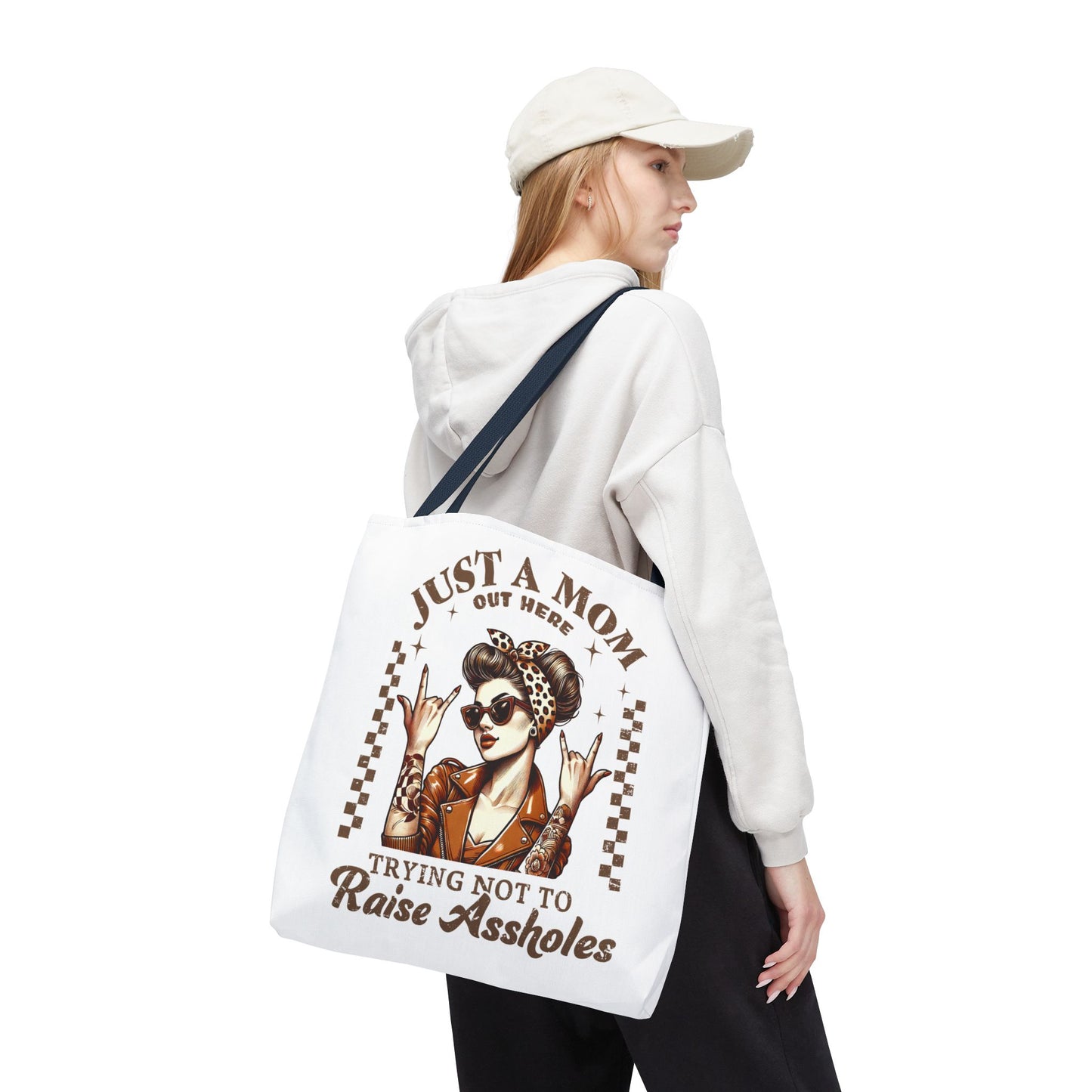 Funny Mom Tote Bag - Just a Mom Trying Not to Raise Assholes - Mother's Day Gift