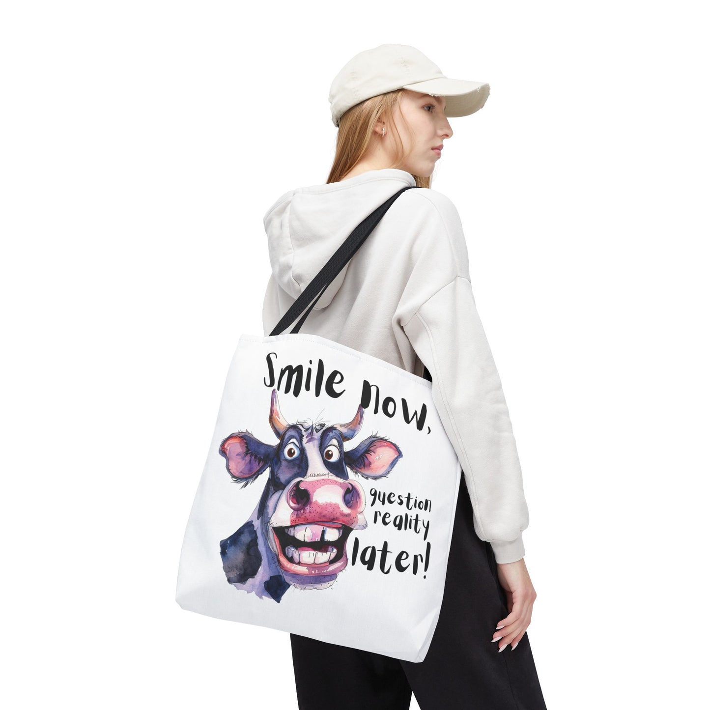 Funny Cow Tote Bag - 'Smile Now, Question Reality Later!' - Great Gift Idea, Mother's Day Gift