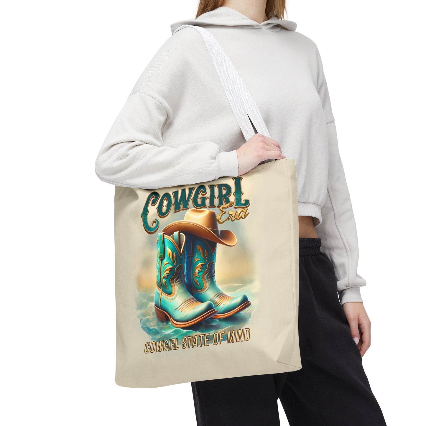 Cowgirl State of Mind Tote Bag – Turquoise and brown cowgirl boots - Cowgirl Era Perfect for Western Lovers and Everyday Use