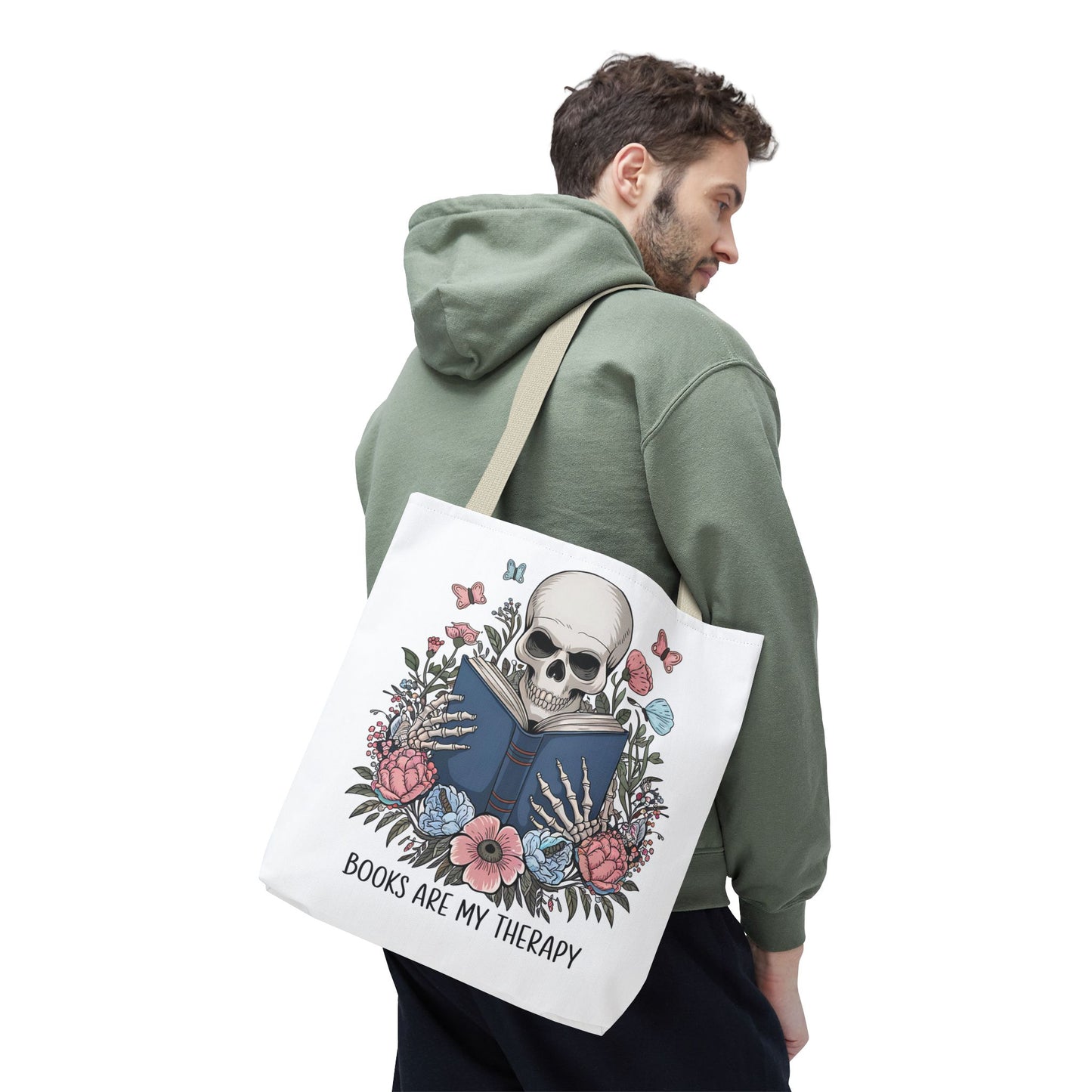 Books Are My Therapy- Skeleton Floral Tote Bag - Perfect Gift for Book Lovers