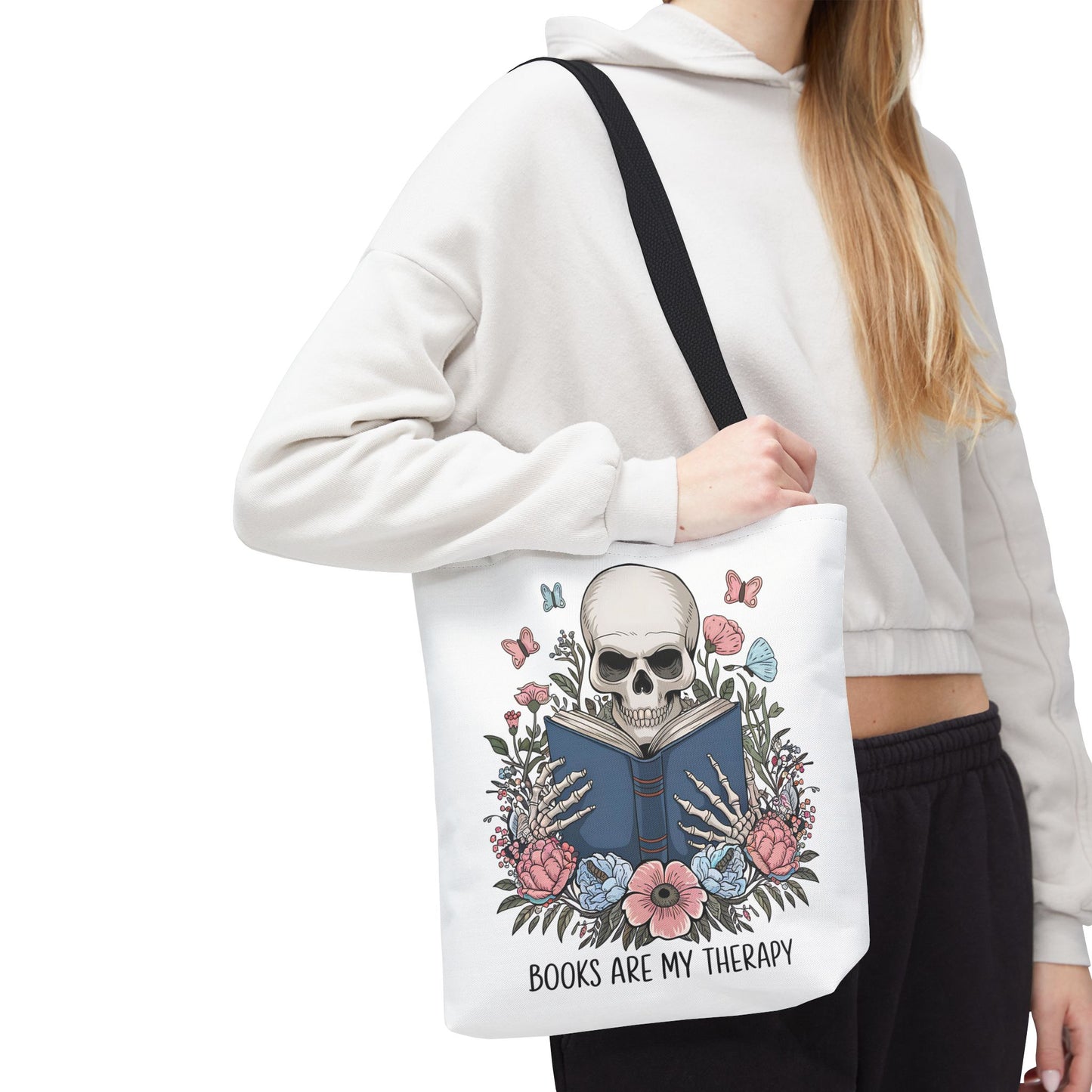 Books Are My Therapy- Skeleton Floral Tote Bag - Perfect Gift for Book Lovers
