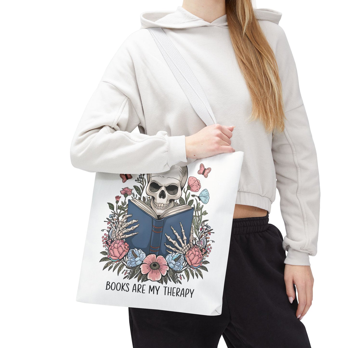 Books Are My Therapy- Skeleton Floral Tote Bag - Perfect Gift for Book Lovers