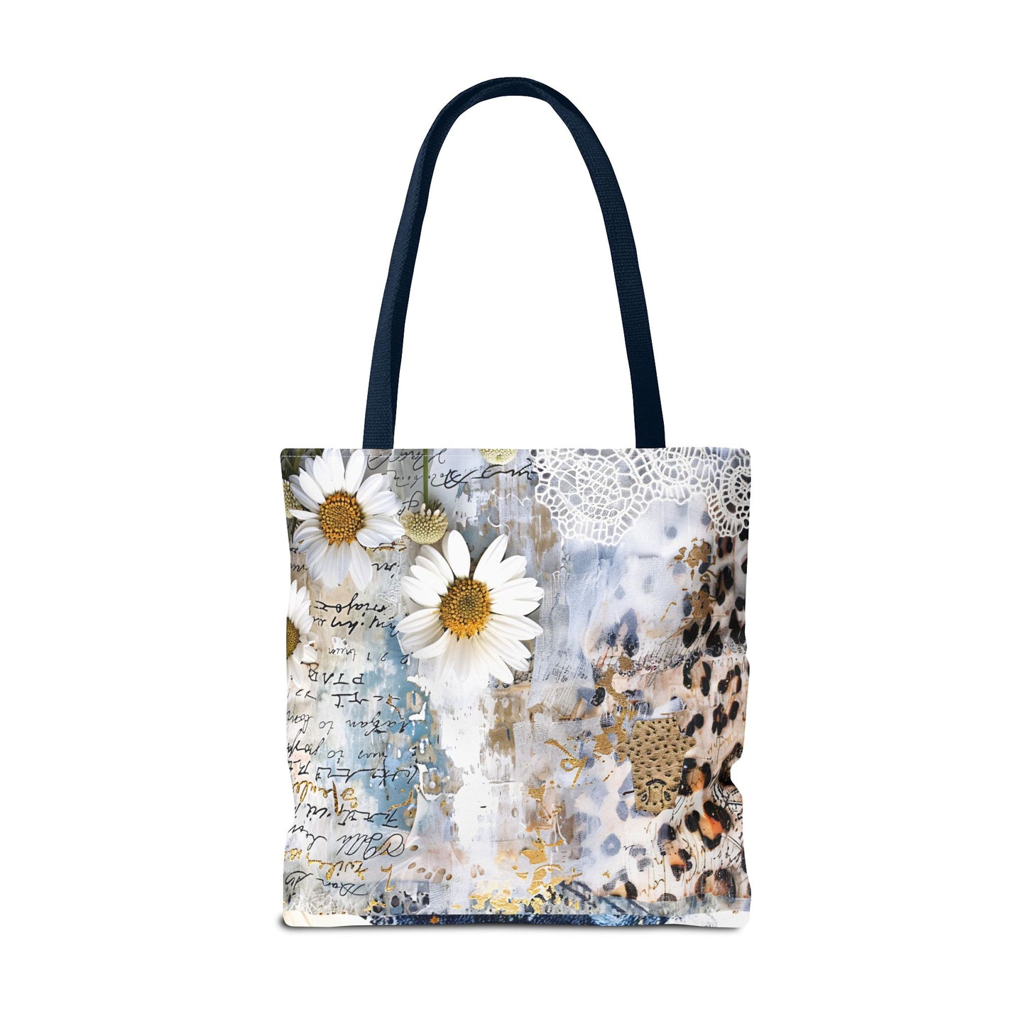 Chic Floral (Daisies and Sunflowers) Tote Bag with Leopard, Denim, and Lace Print - Stylish Everyday Accessory