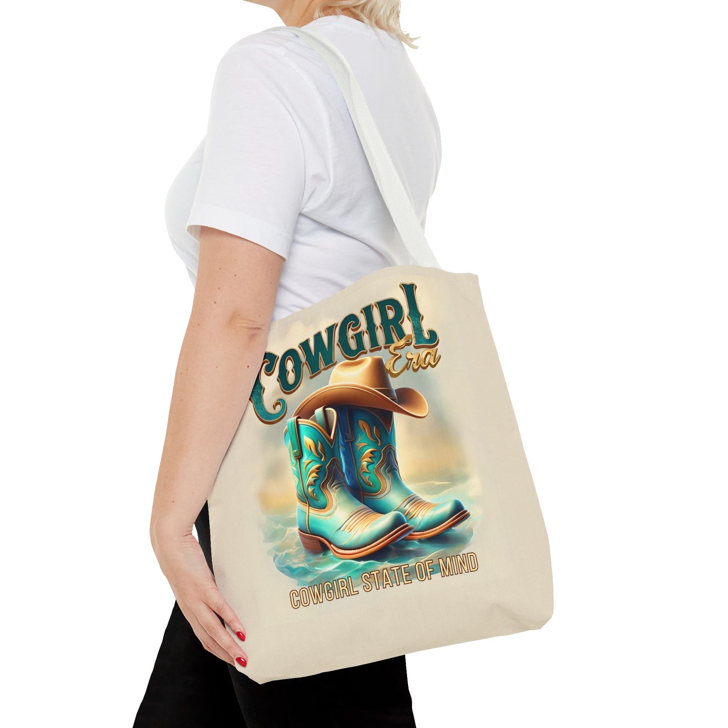 Cowgirl State of Mind Tote Bag – Turquoise and brown cowgirl boots - Cowgirl Era Perfect for Western Lovers and Everyday Use
