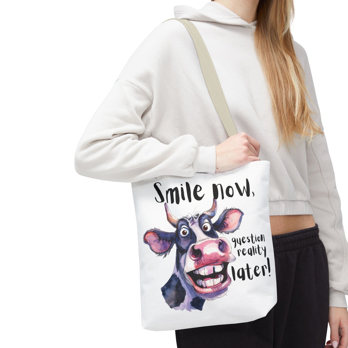 Funny Cow Tote Bag - 'Smile Now, Question Reality Later!' - Great Gift Idea, Mother's Day Gift