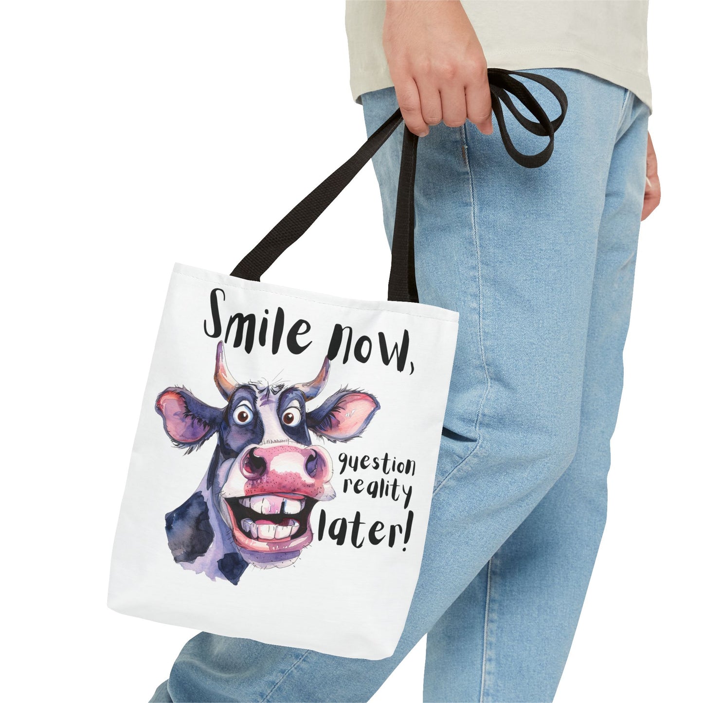 Funny Cow Tote Bag - 'Smile Now, Question Reality Later!' - Great Gift Idea, Mother's Day Gift
