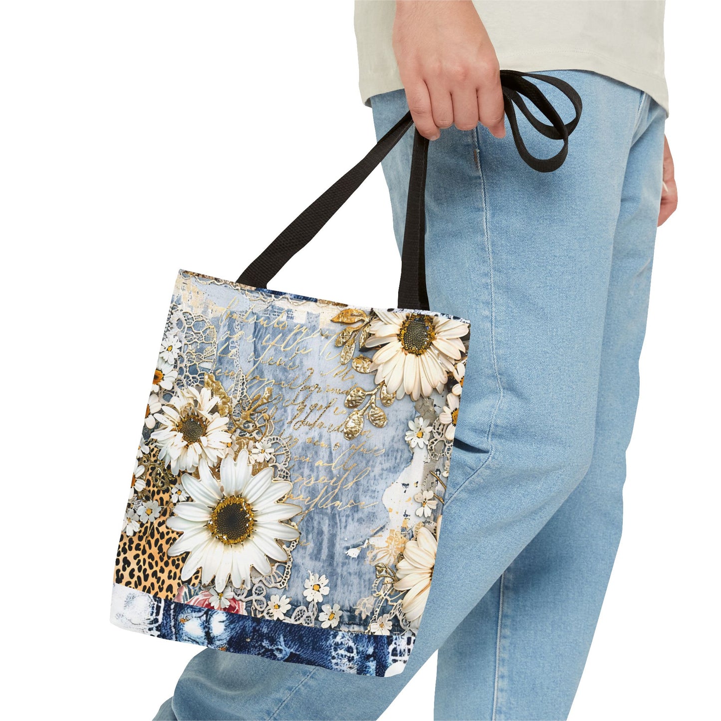 Chic Floral (Daisies and Sunflowers) Tote Bag with Leopard, Denim, and Lace Print - Stylish Everyday Accessory