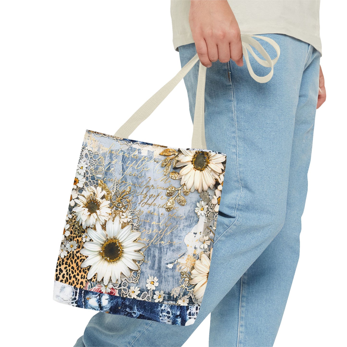 Chic Floral (Daisies and Sunflowers) Tote Bag with Leopard, Denim, and Lace Print - Stylish Everyday Accessory