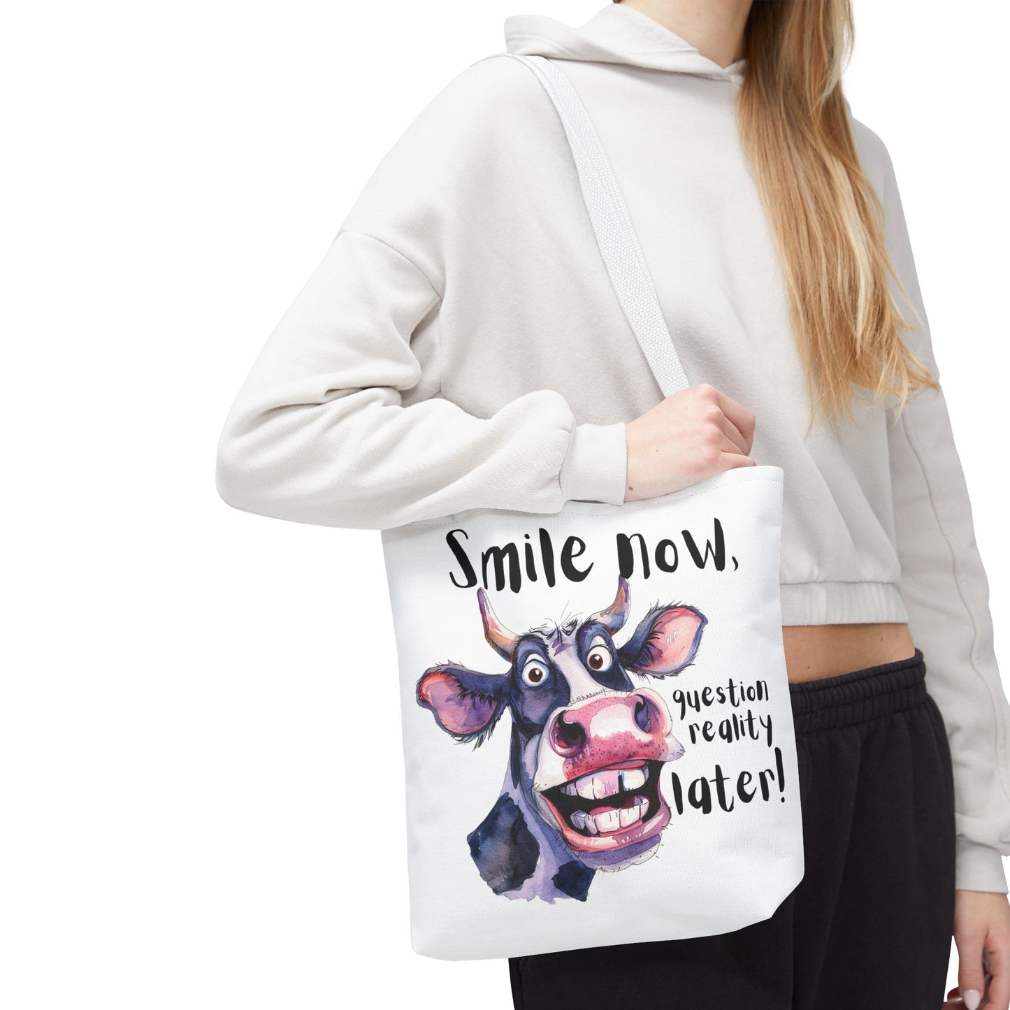 Funny Cow Tote Bag - 'Smile Now, Question Reality Later!' - Great Gift Idea, Mother's Day Gift