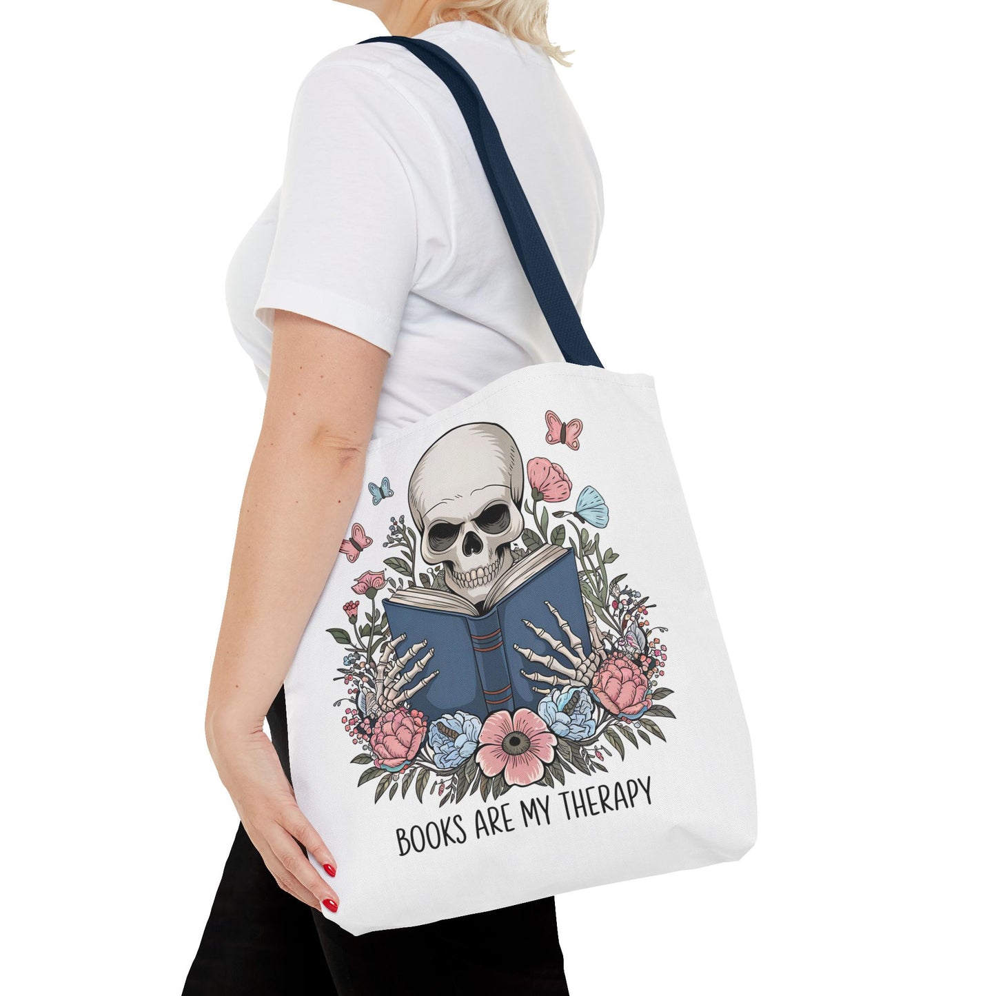 Books Are My Therapy- Skeleton Floral Tote Bag - Perfect Gift for Book Lovers